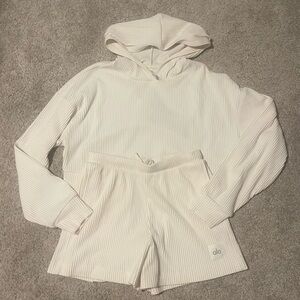 ALO Yoga Ivory Muse Ribbed Hoodie and Shorts Set